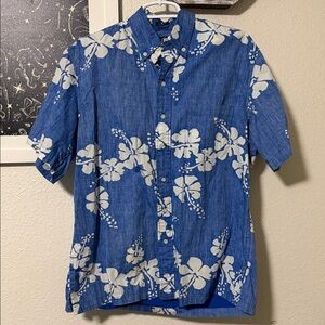 Reyn Spooner Mens Button Down Shirt Blue White Hibiscus Print Classic Fit S